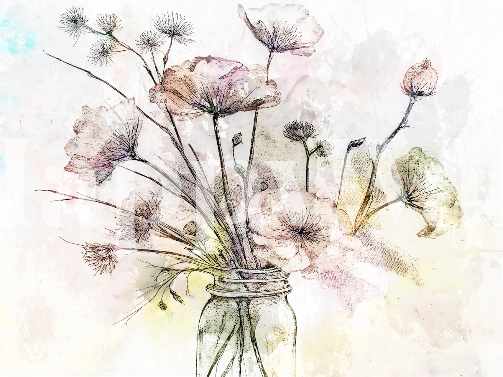 Watercolor floral bouquet in pastel colors wall mural