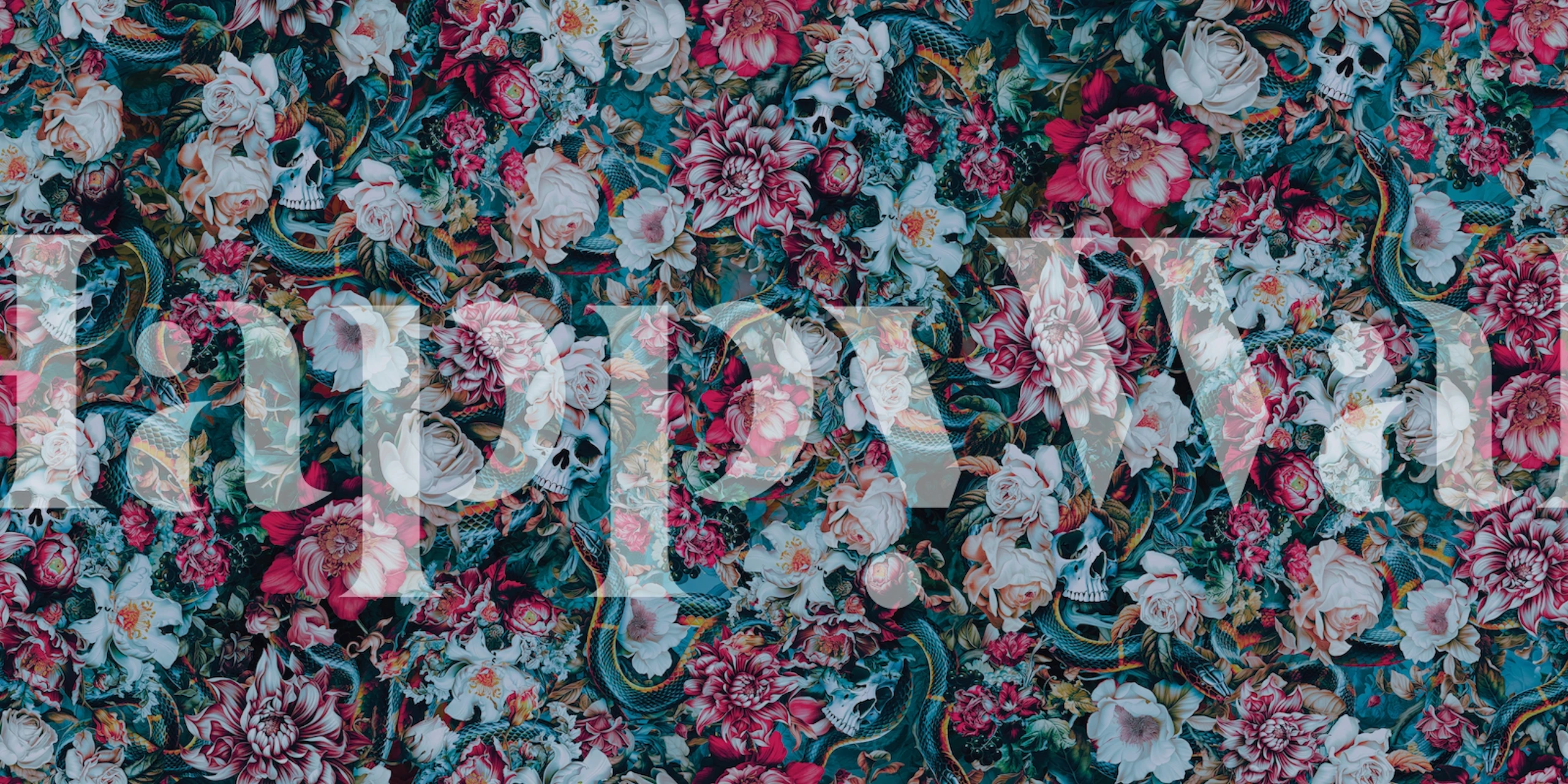 Floral and skull pattern wallpaper in blue hues