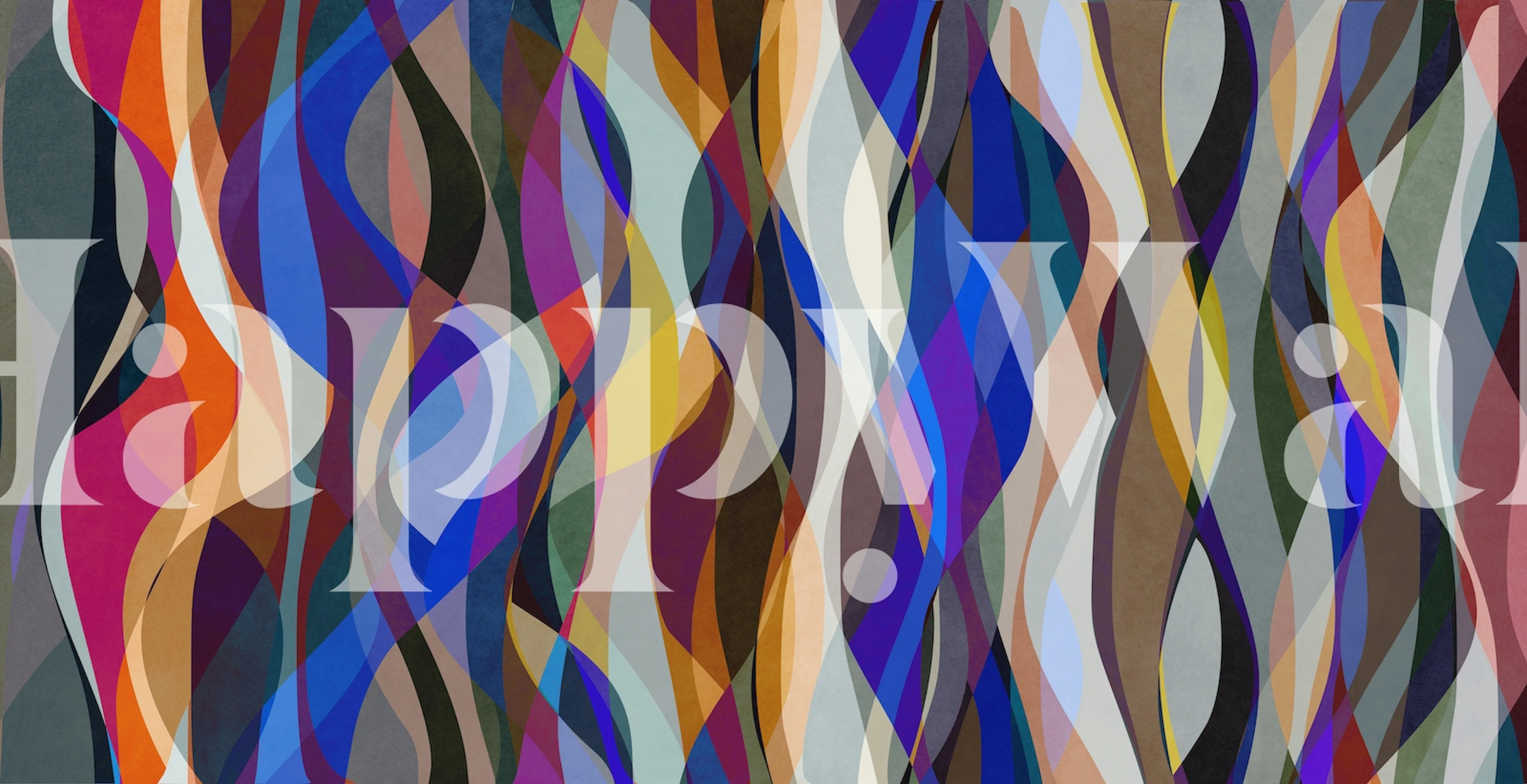 Colorful wavy shapes in blue, orange, yellow, and gray wallpaper