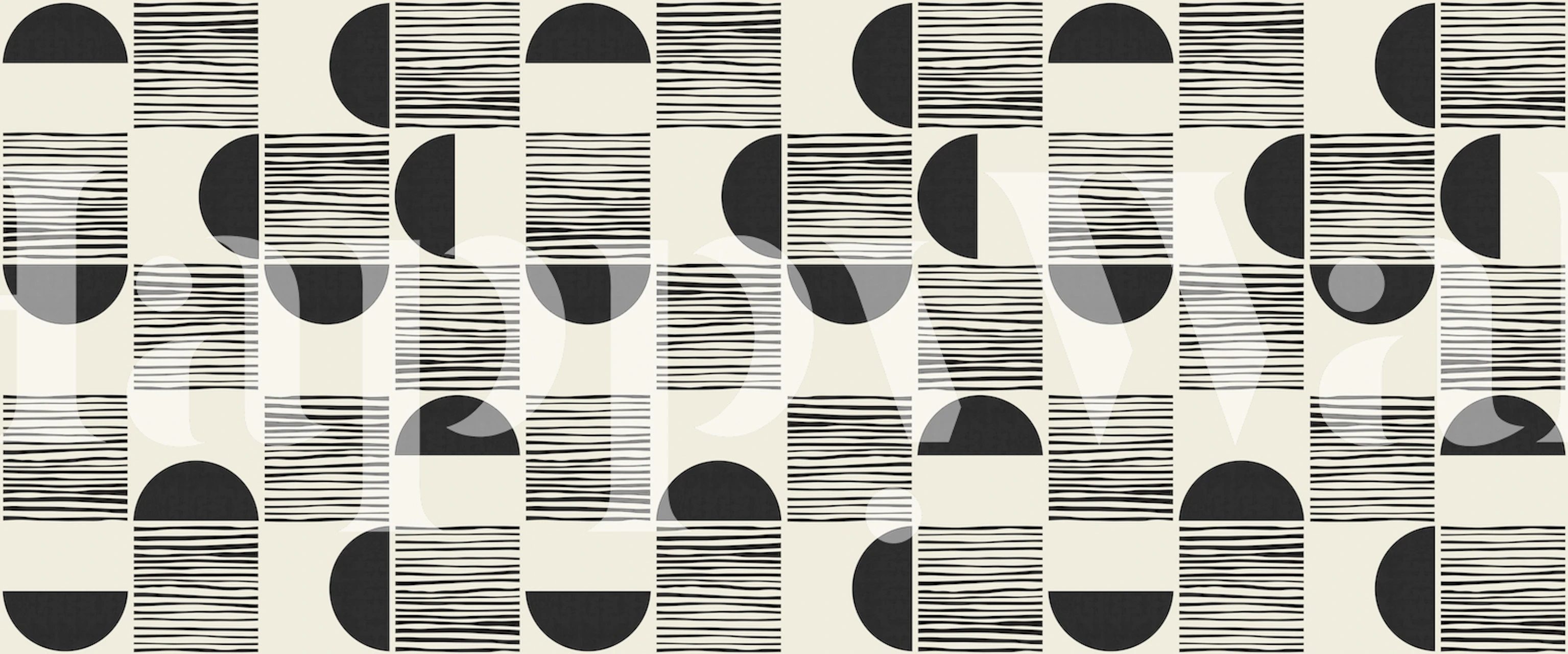 Geometric black and white patterned wallpaper with circles and stripes