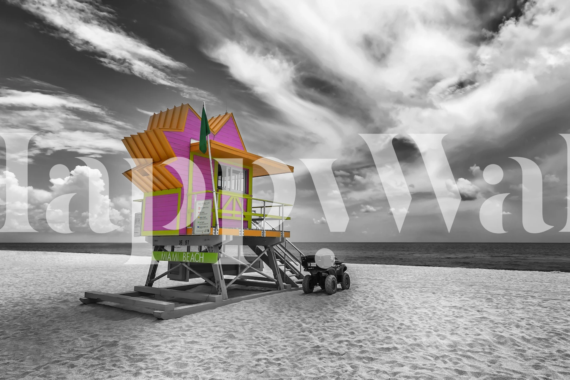 Tropical lifeguard station in pink and yellow on a black and white beach wallpaper