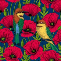 Bee eaters and poppies on dark blue tapet