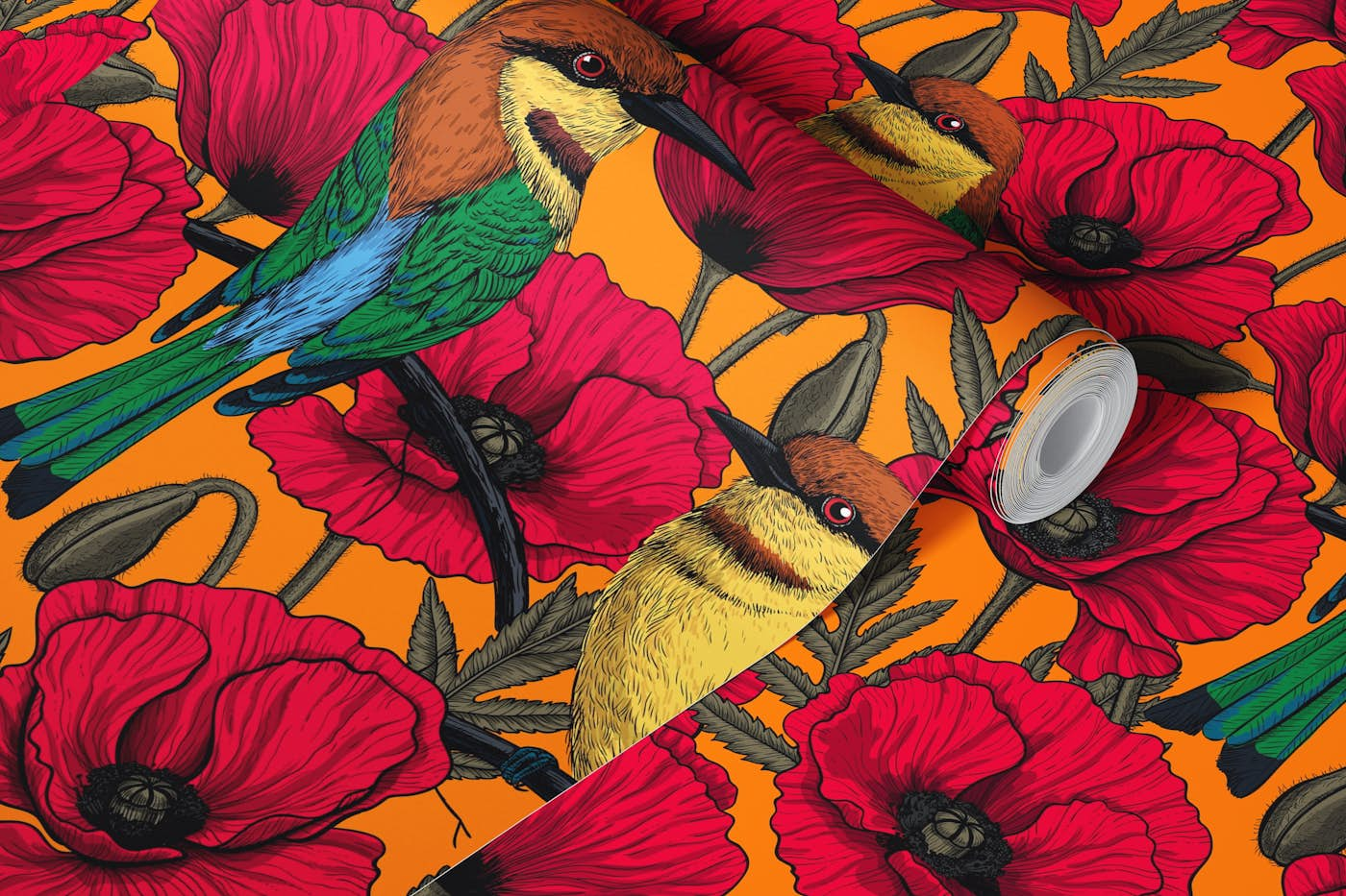 Bee eaters and poppies on orange wallpaper roll