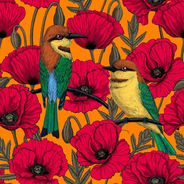 Bee eaters and poppies on orange