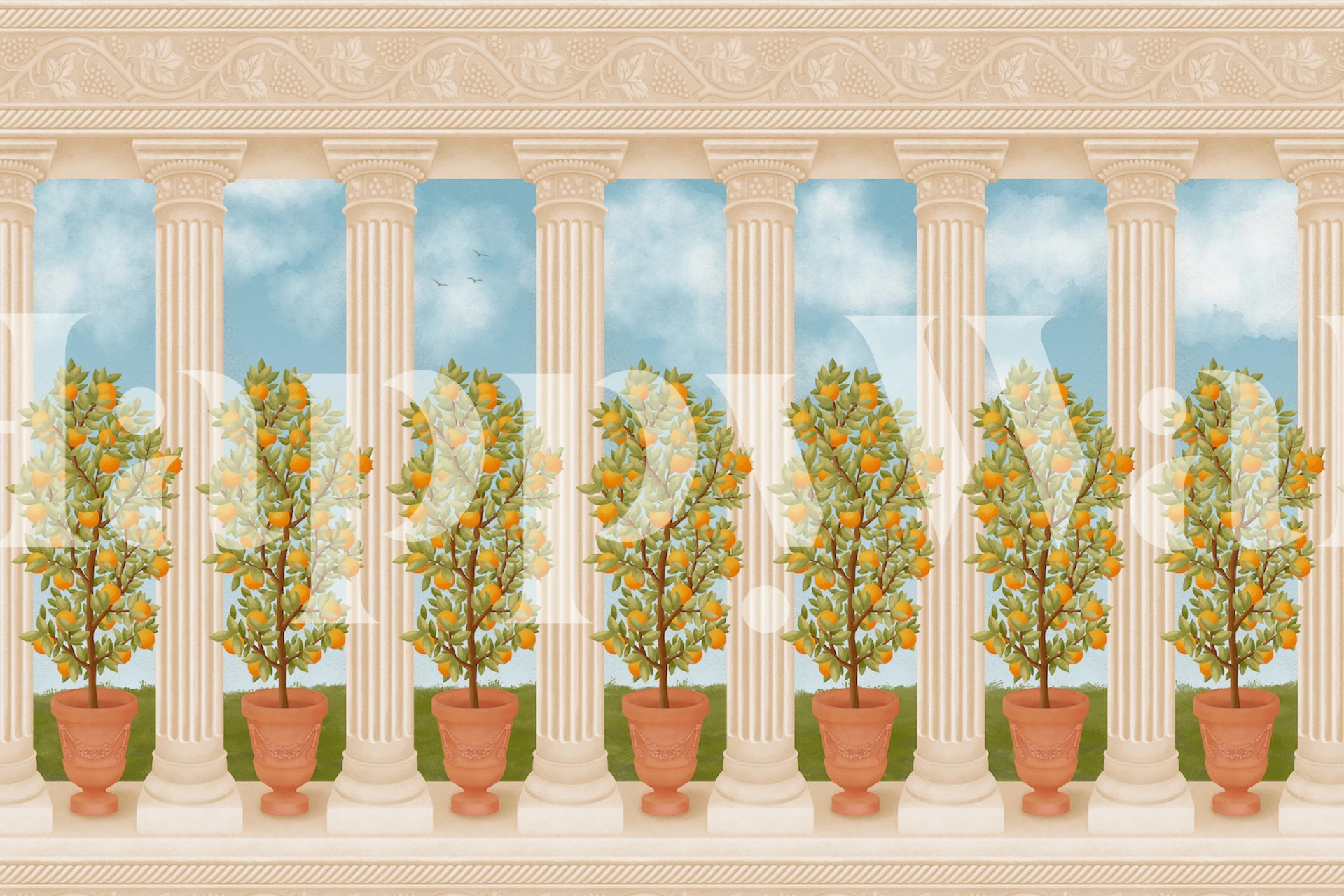 Trompe l'oeil -tapetti, jossa on appelsiinipuita ja pylväitä