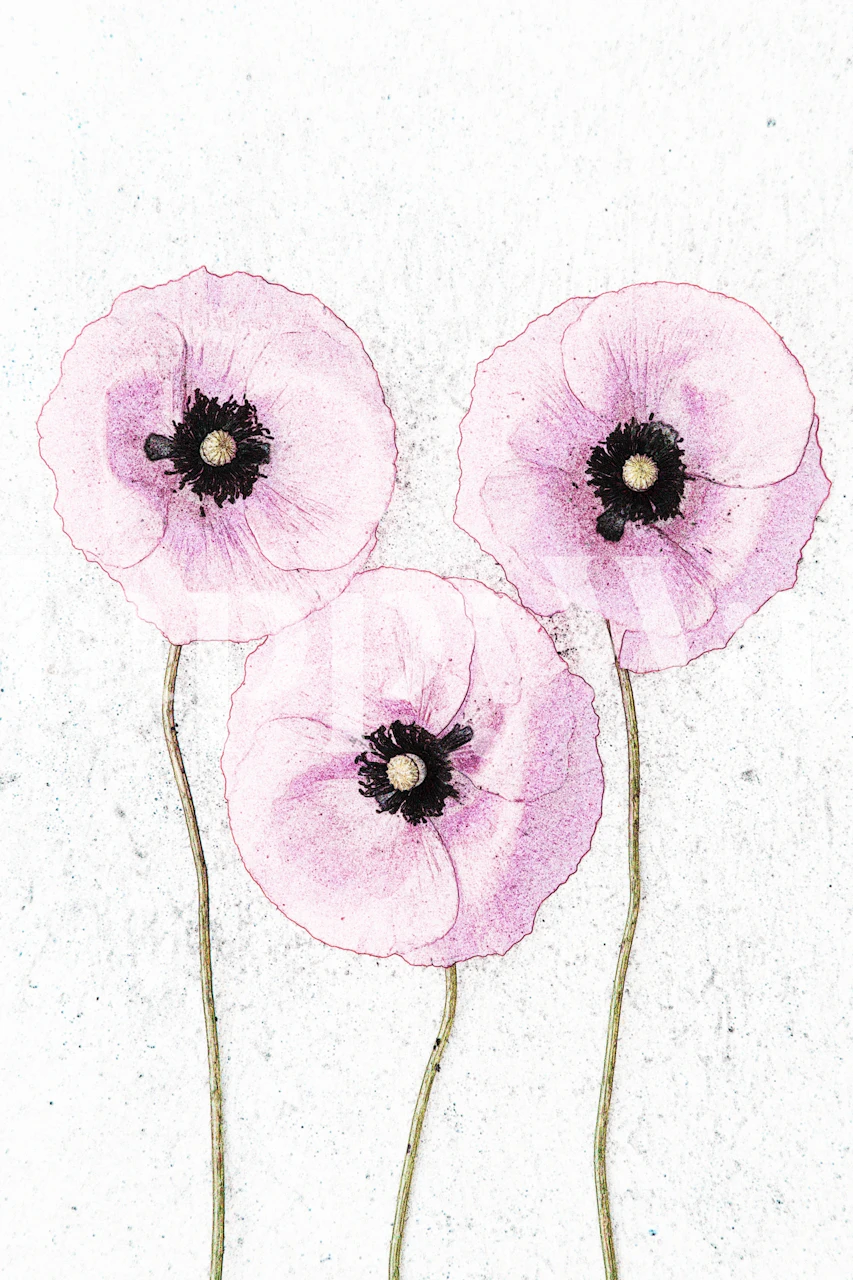 Three pink poppies with black centers on a textured background wallpaper