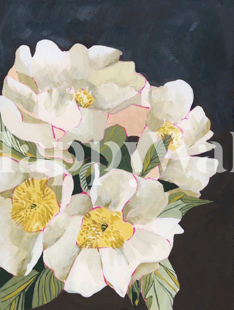 Peony flowers in white and yellow with green leaves on black background wallpaper