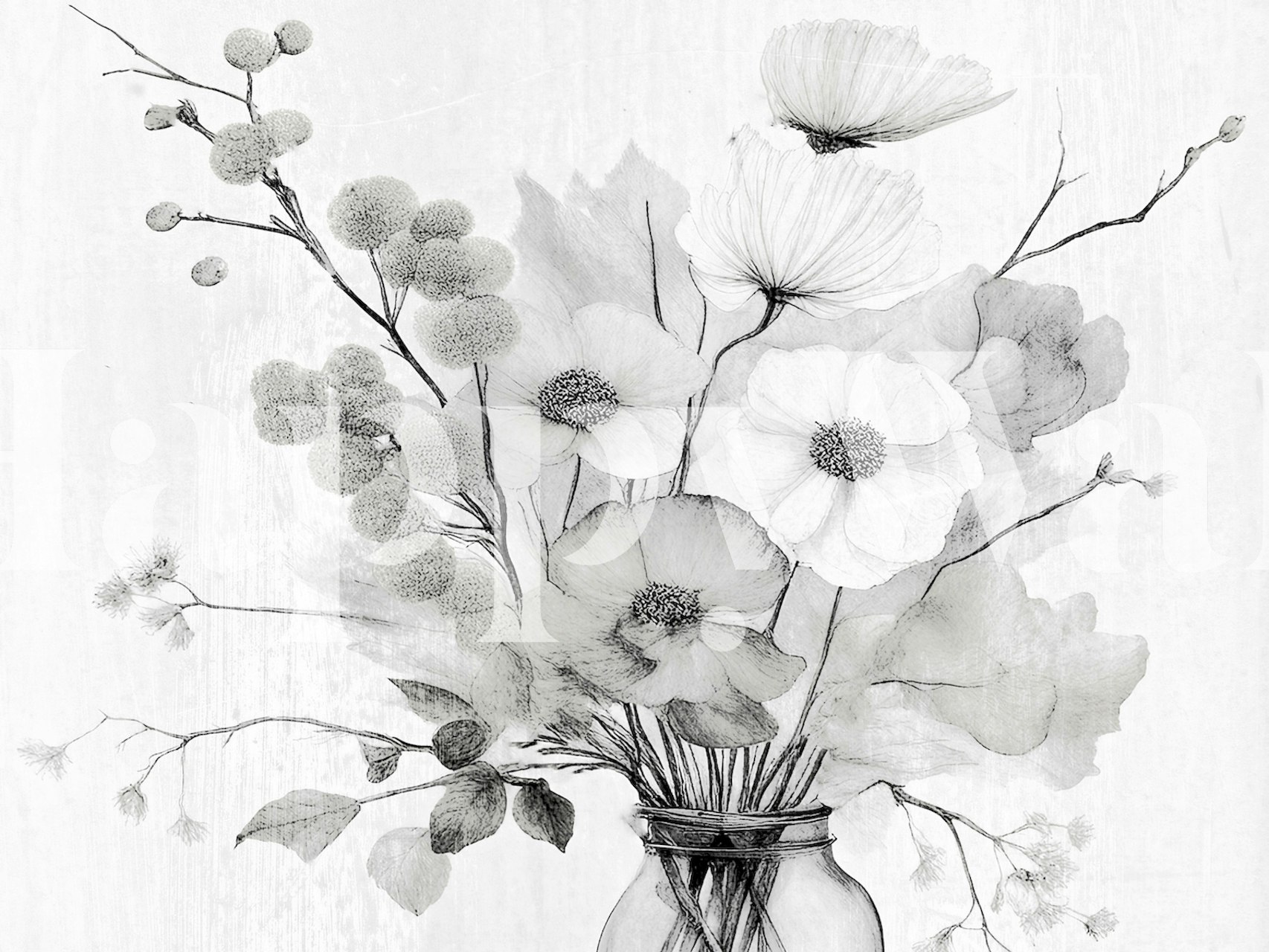 Monochromatic mural of Japandi-inspired wildflowers in black and white
