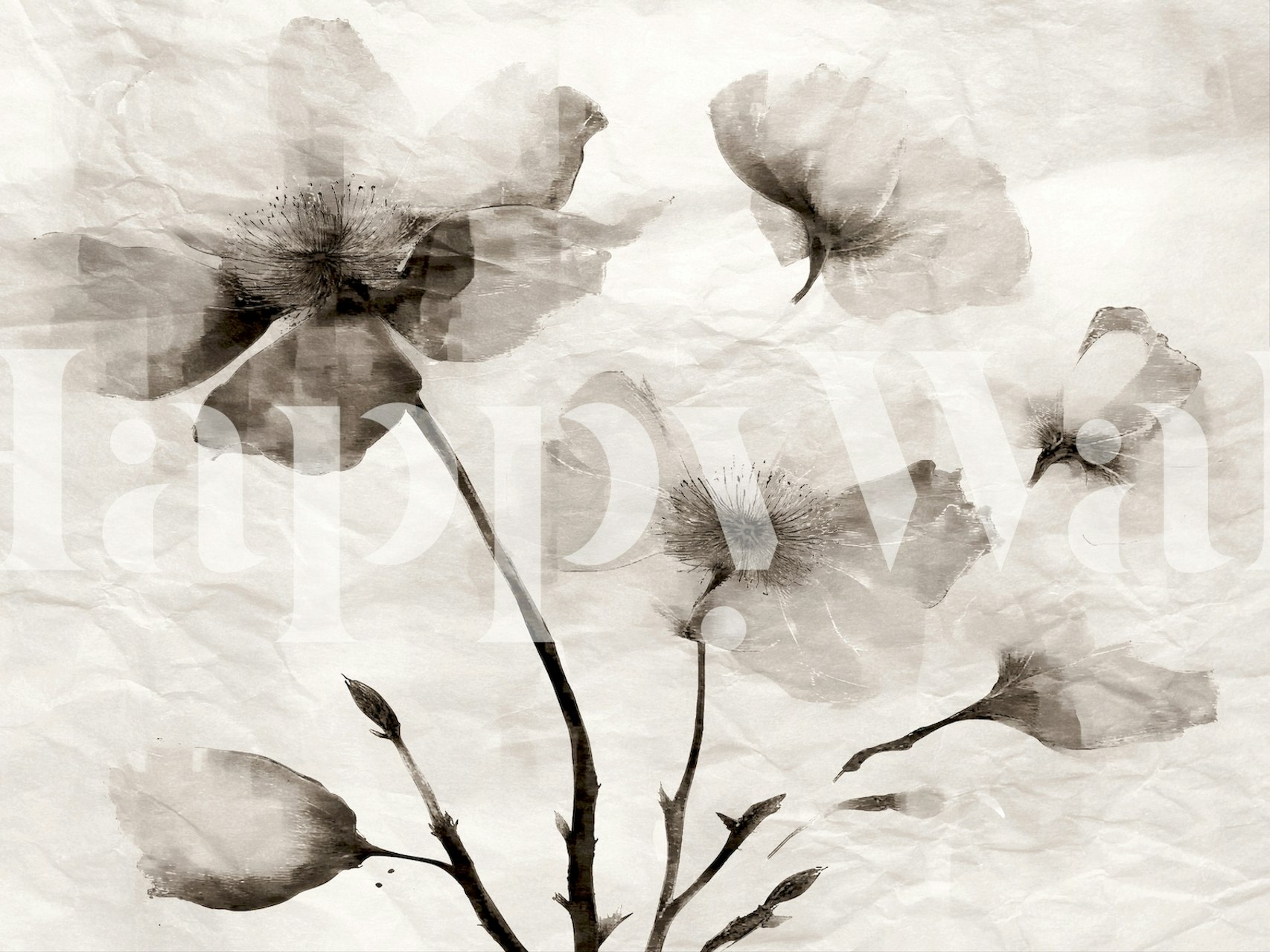 Elegant floral design in soft sepia tones on textured wallpaper