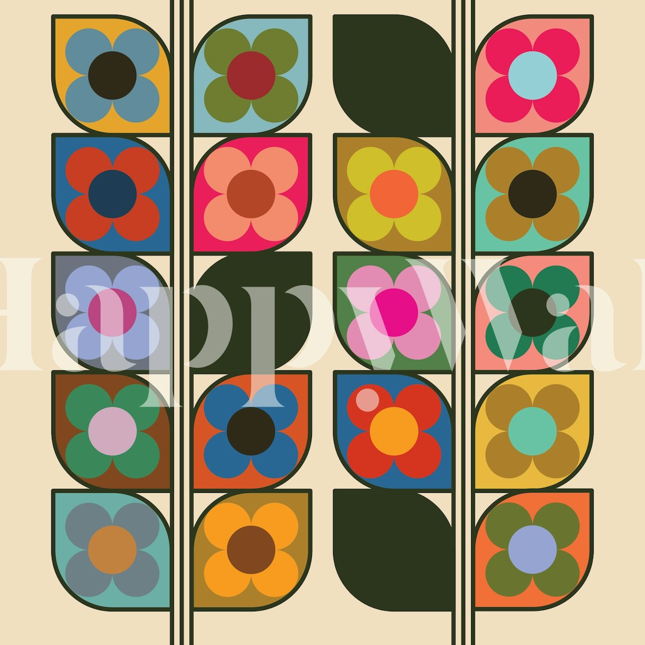 Chic retro-style Triple Vine Cream wall mural with colorful floral patterns on a cream background