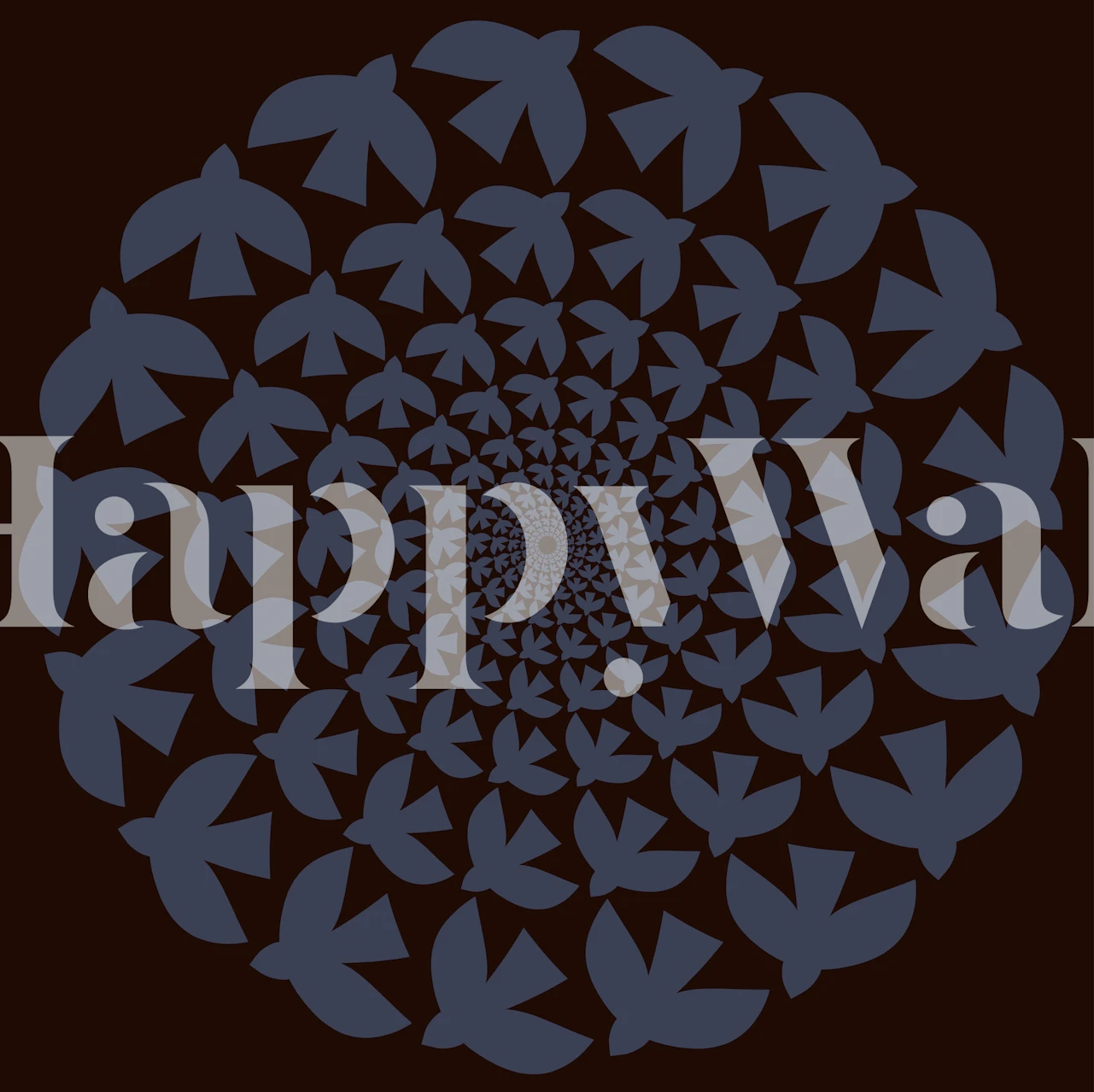 Mural caleidoscópico abstracto con siluetas de pájaros negros sobre un fondo marrón oscuro