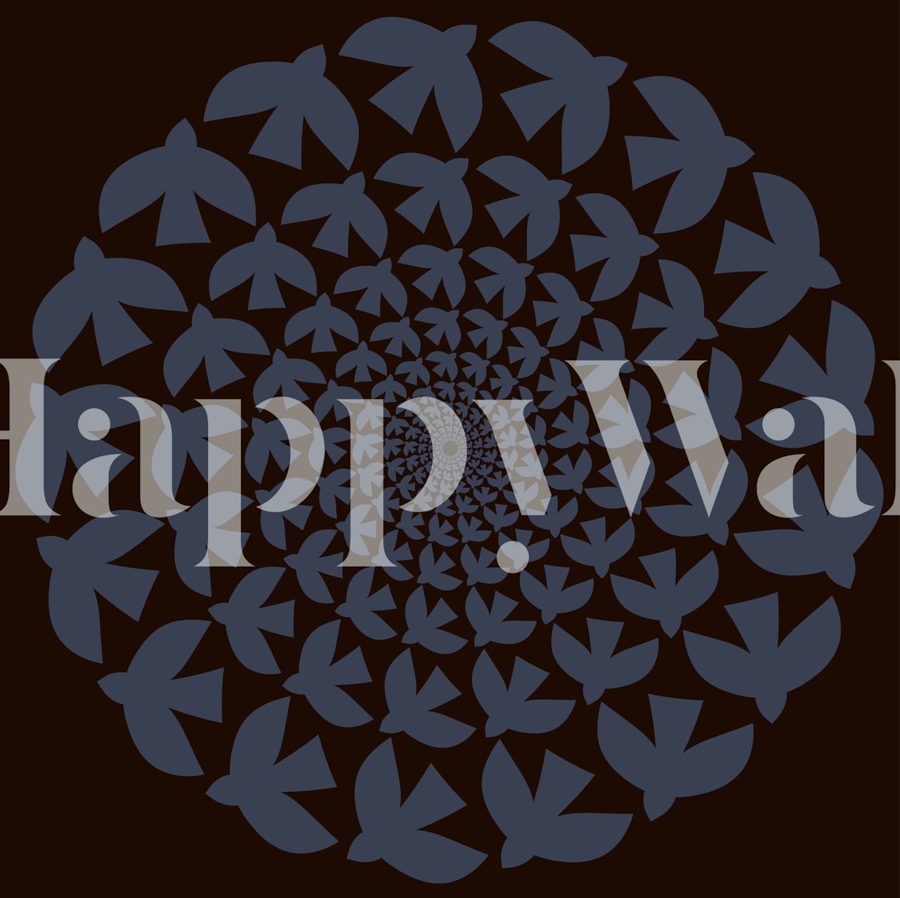 Abstrakt kaleidoskopisk veggmaleri med svarte fuglesilhuetter på en mørkebrun bakgrunn