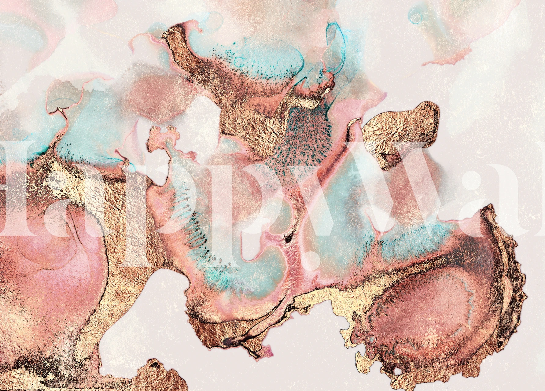 Papier peint mural abstrait rose, bleu et or, motifs fluides