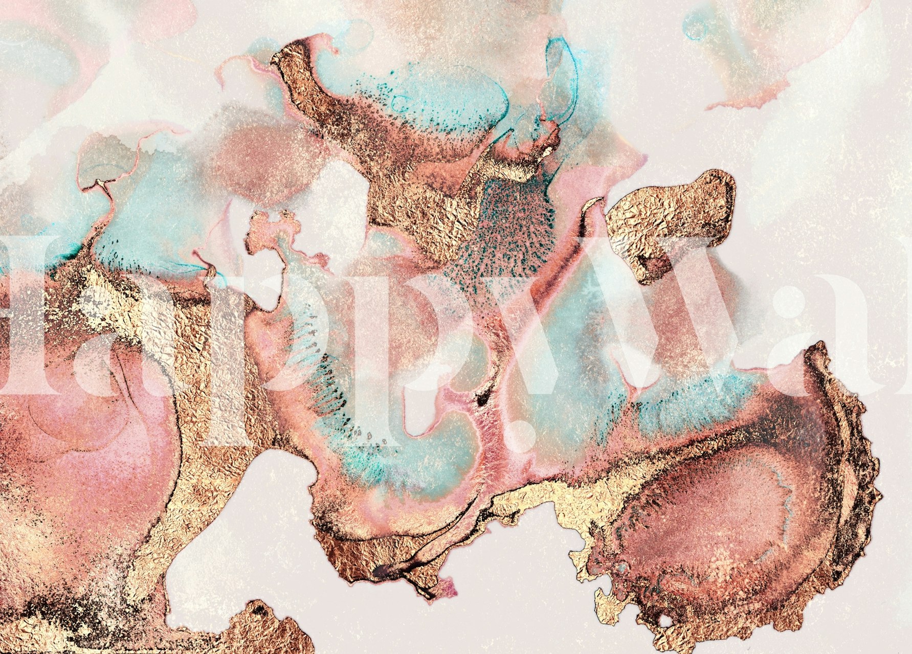 Papier peint mural abstrait rose, bleu et or, motifs fluides