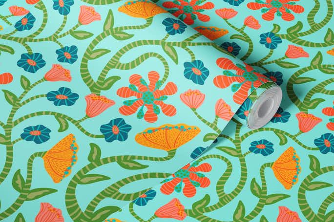 IT'S A JUNGLE OUT THERE Fantasy Floral Aquawallpaper roll
