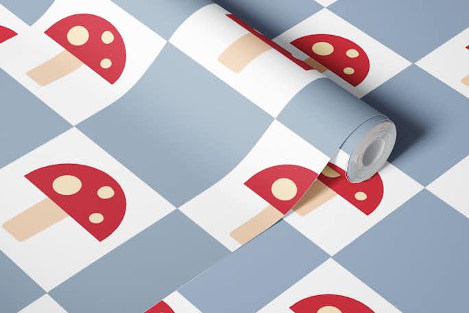 Checkered Red and Blue Mushroomswallpaper roll