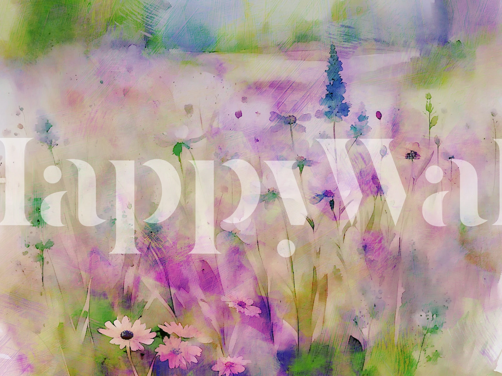 Pastel-toned wildflower meadow wall mural with a dreamy, soft-focus aesthetic