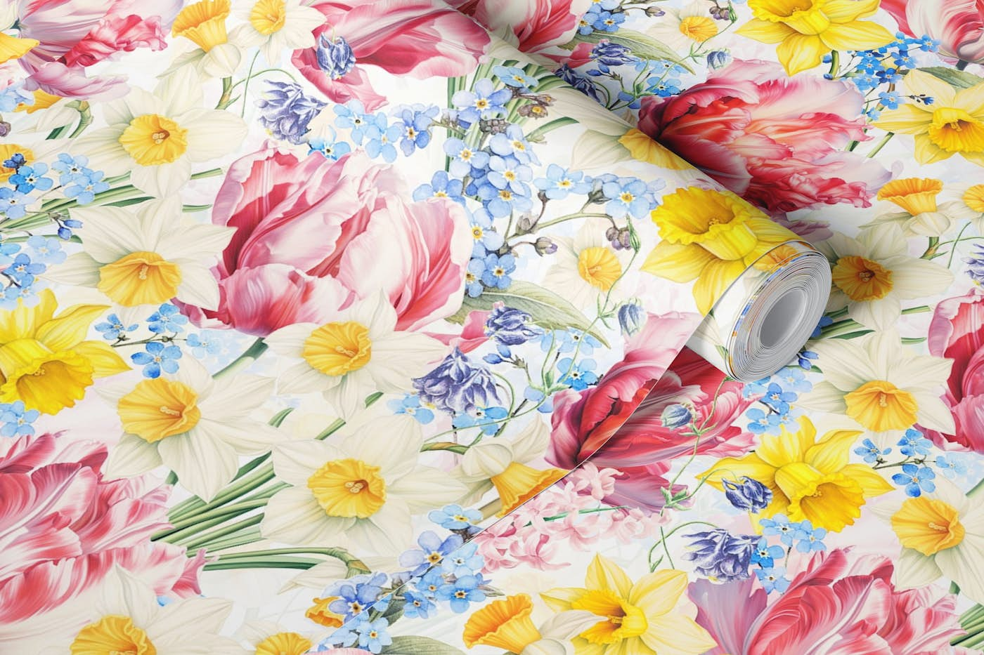 Pink, Blue And Yellow Opulent Springflowers wallpaper roll