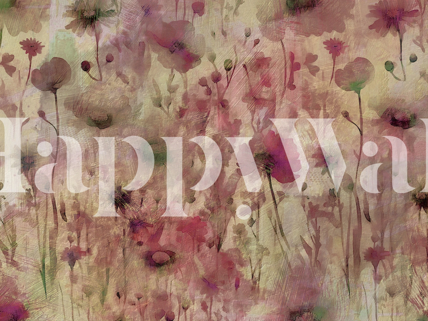 Luxe vintage muurschildering met wilde bloemenpatroon in zachte pastelkleuren.