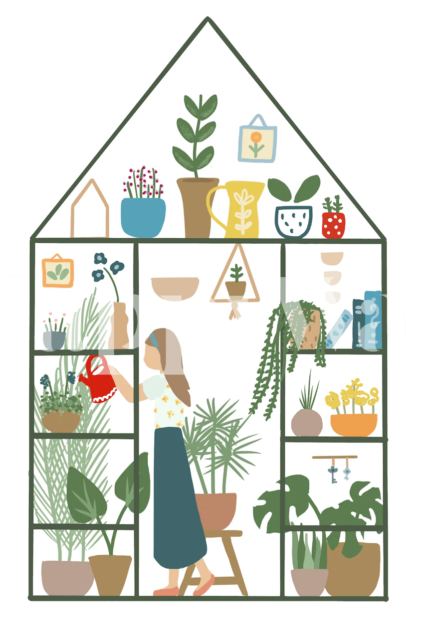 Indoor garden illustration with plants and pots in earthy colors wallpaper