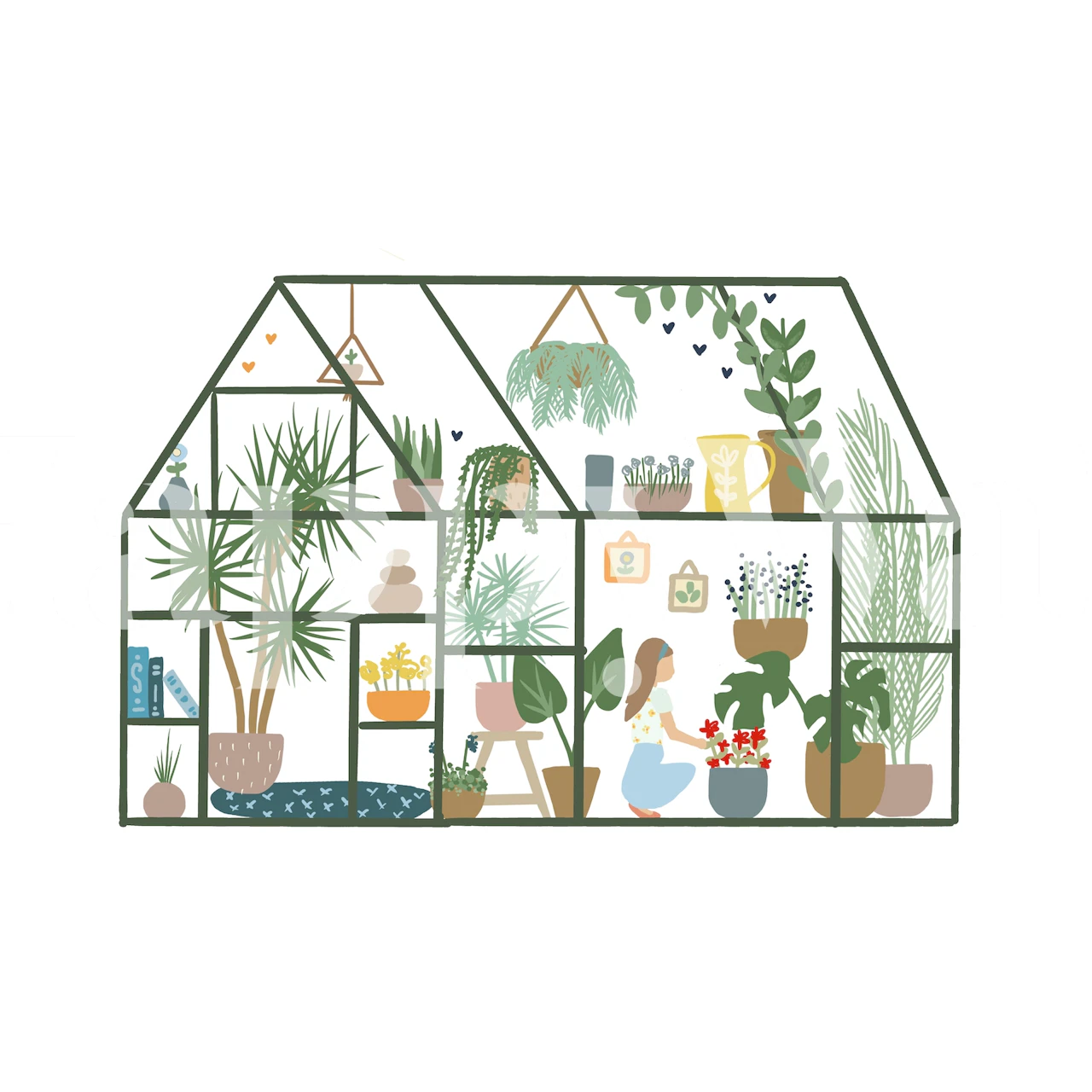 Illustrated indoor greenhouse wall mural with plants and garden accessories