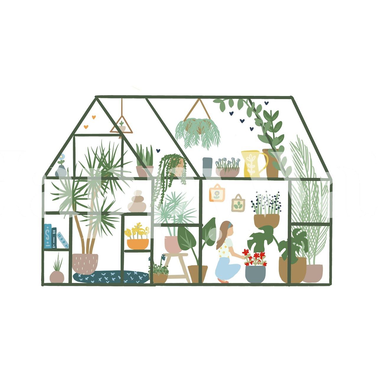 Murale de serre intérieure illustrée avec des plantes et des accessoires de jardin