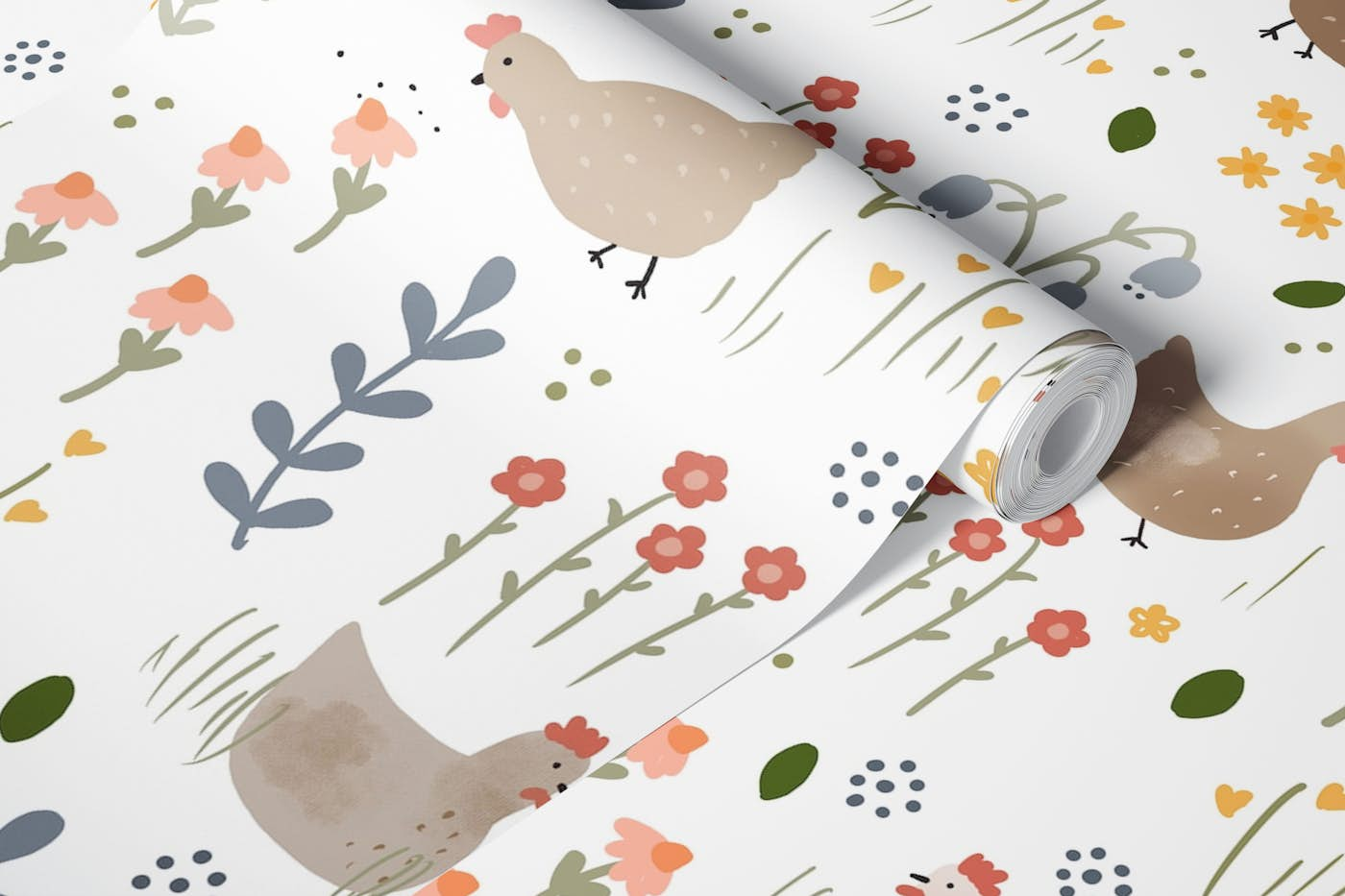 Floral Chickens wallpaper roll