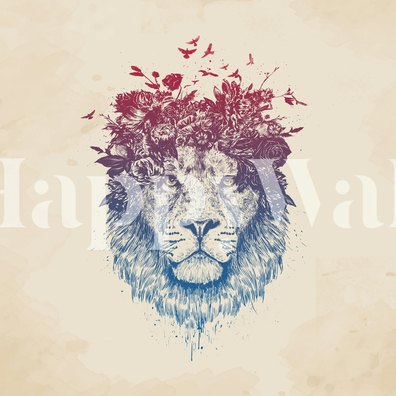 Blomstert løve-veggmaleri med et løveansikt utsmykket med markblomster