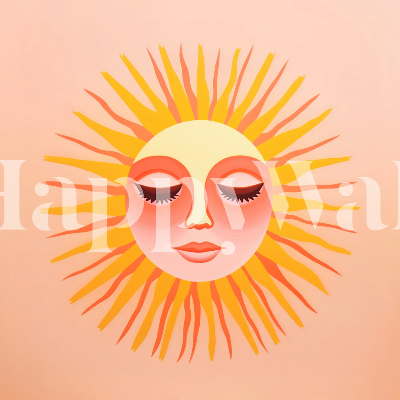 Whimsical sun face illustration in warm peach and yellow colors on pastel wallpaper