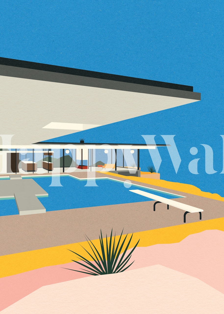 Illustration of LA Stahl House wall mural with bold geometric shapes and vibrant colors
