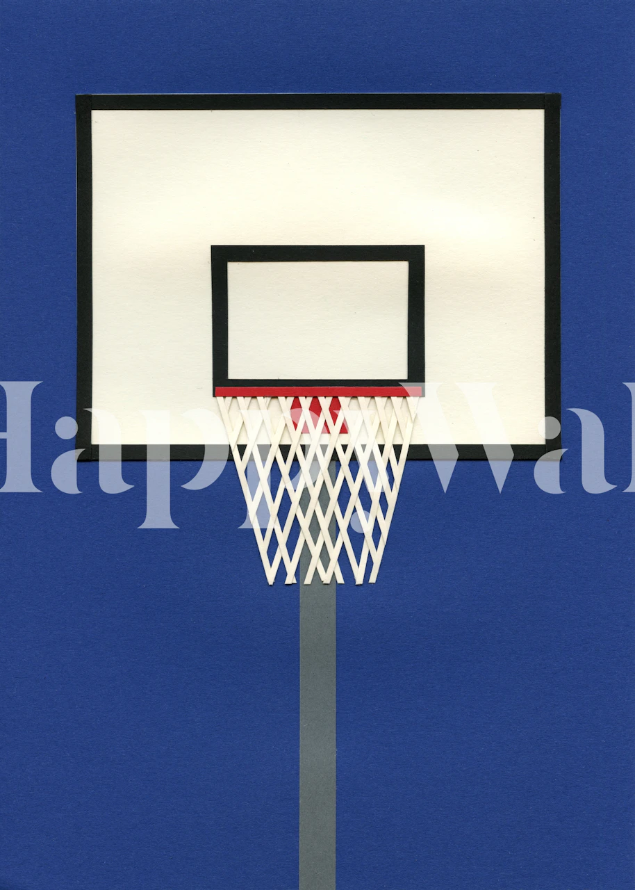 Stylized basketball hoop wall mural on a blue background