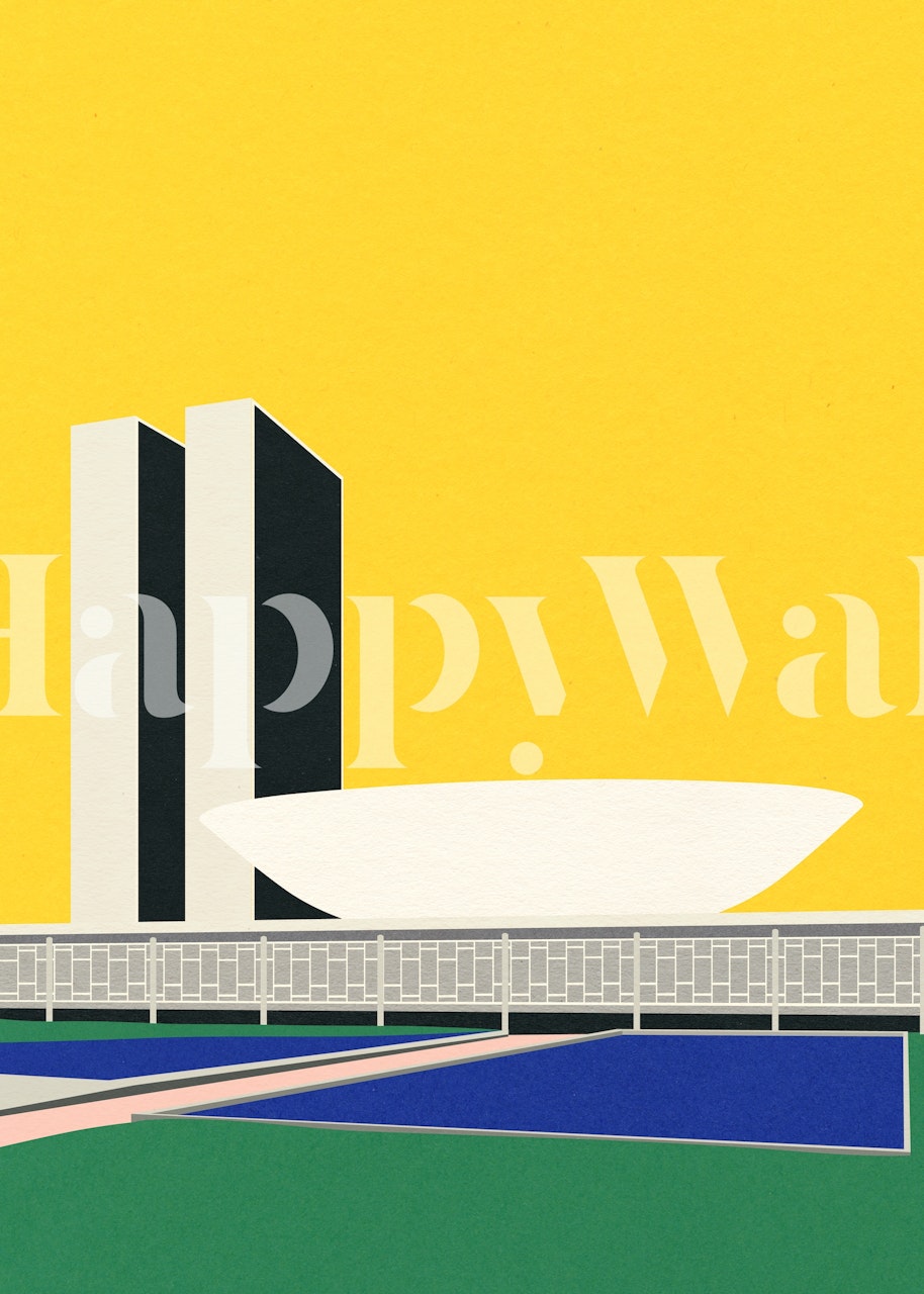 Stylized illustration of the Congresso Nacional Brasília with modernist architecture on a yellow background