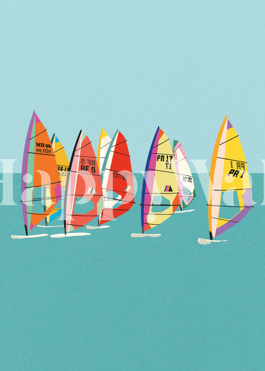 Colorful windsurfing sails on a blue background wallpaper