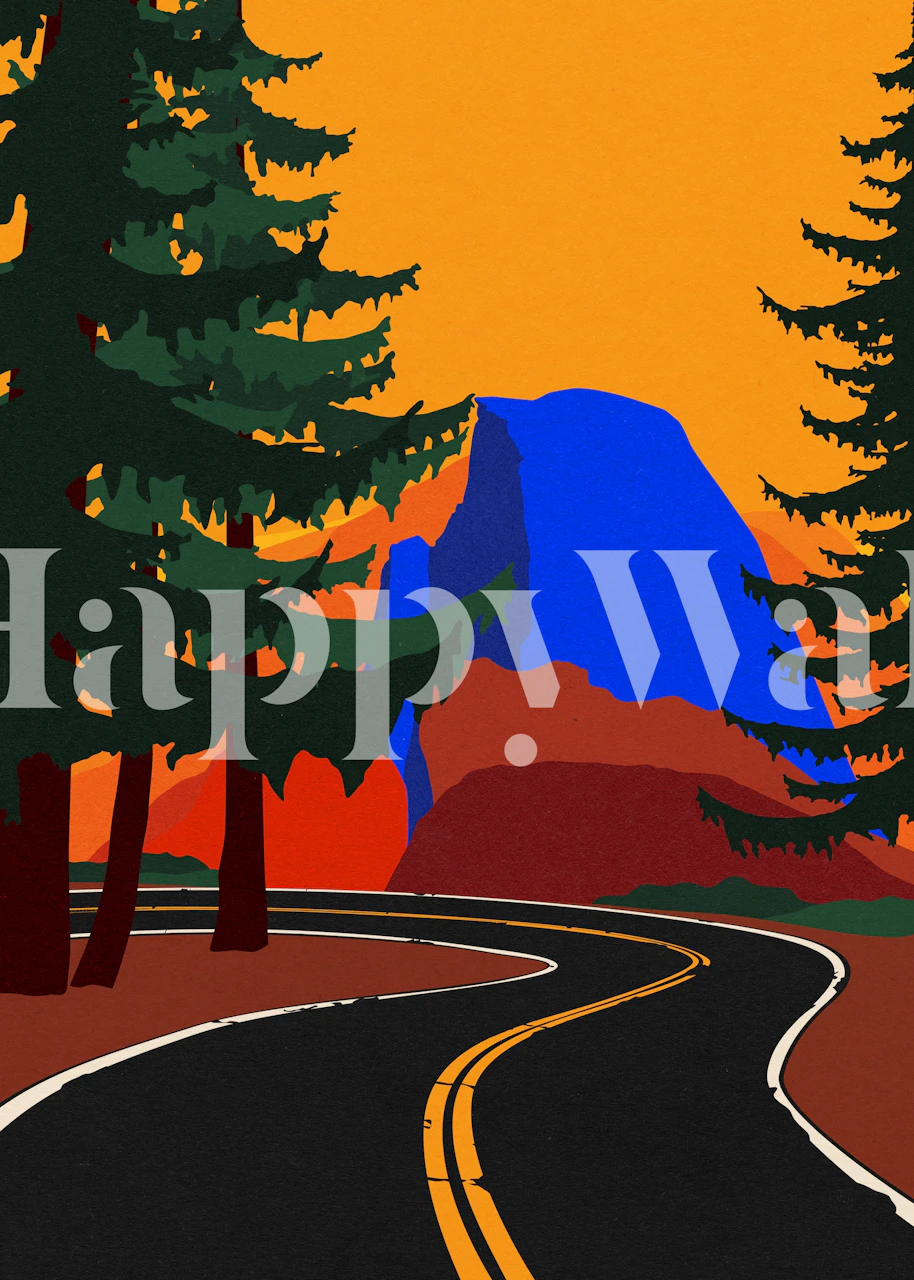 Colorful mountain road scenery with blue and orange hues wallpaper