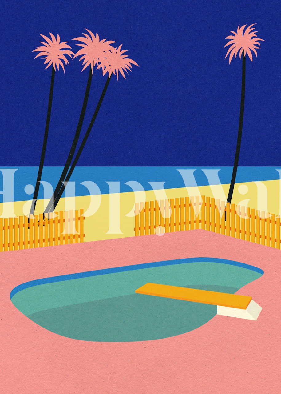 Tropical poolside scene with pink palm trees and blue sky wallpaper