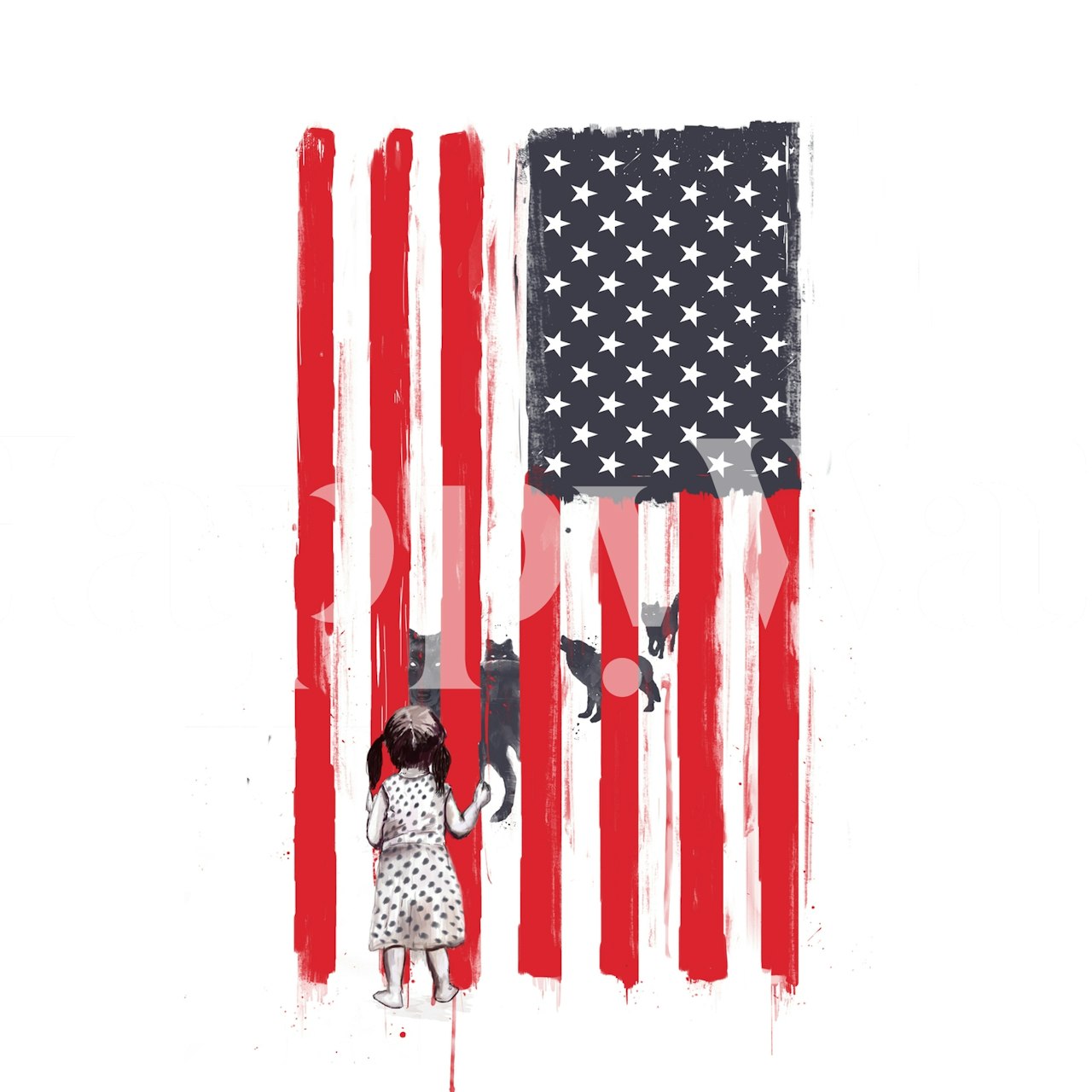 Wallpaper with little girl and wolves design