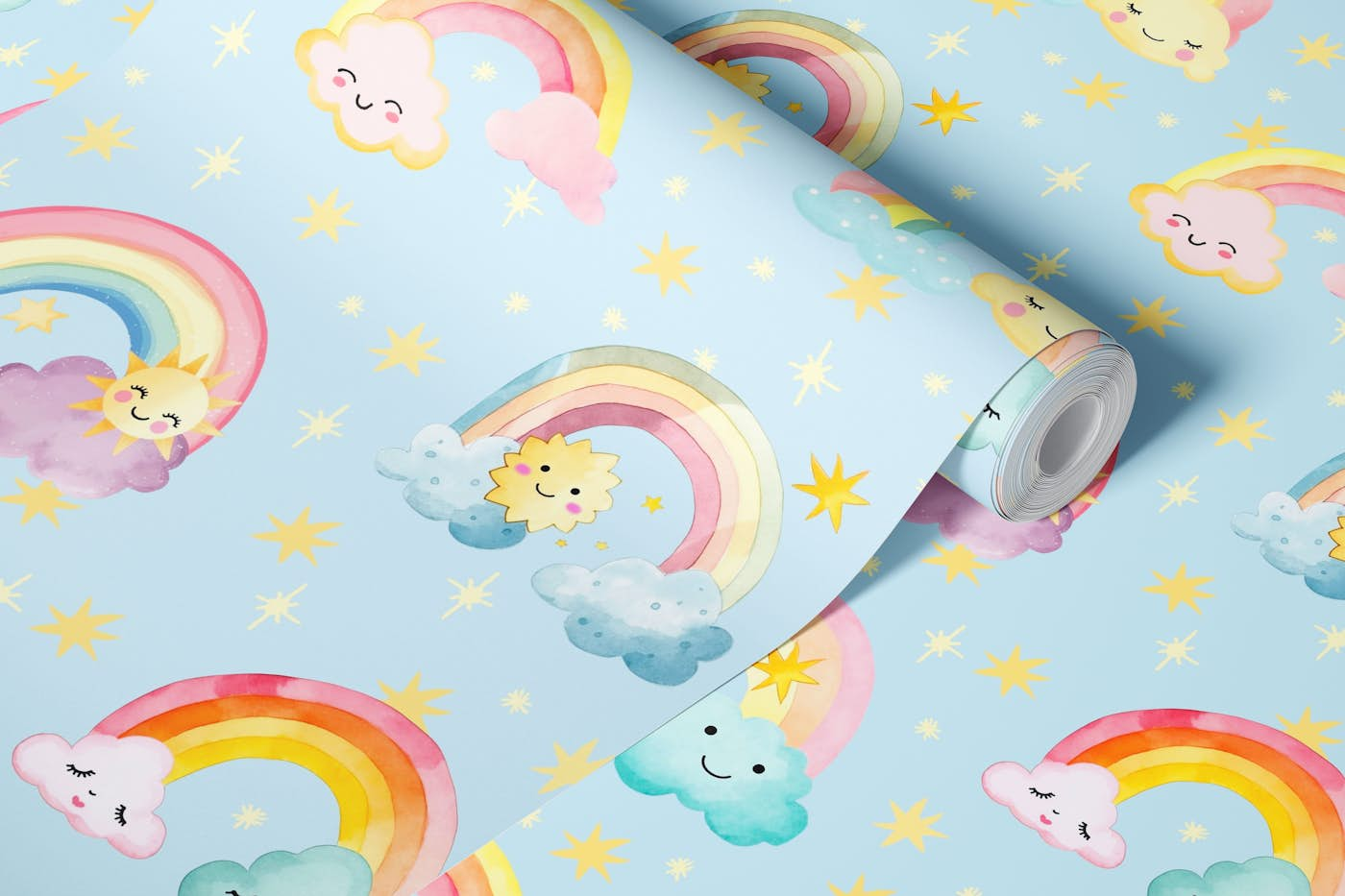 Sweet Dreams Lullaby Kawaii Kids Art On Blue wallpaper roll