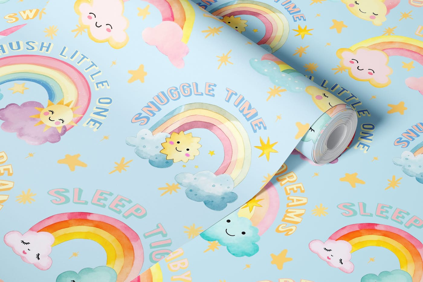 Sweet Dreams Lullaby Kawaii Kids Pattern Blue wallpaper roll