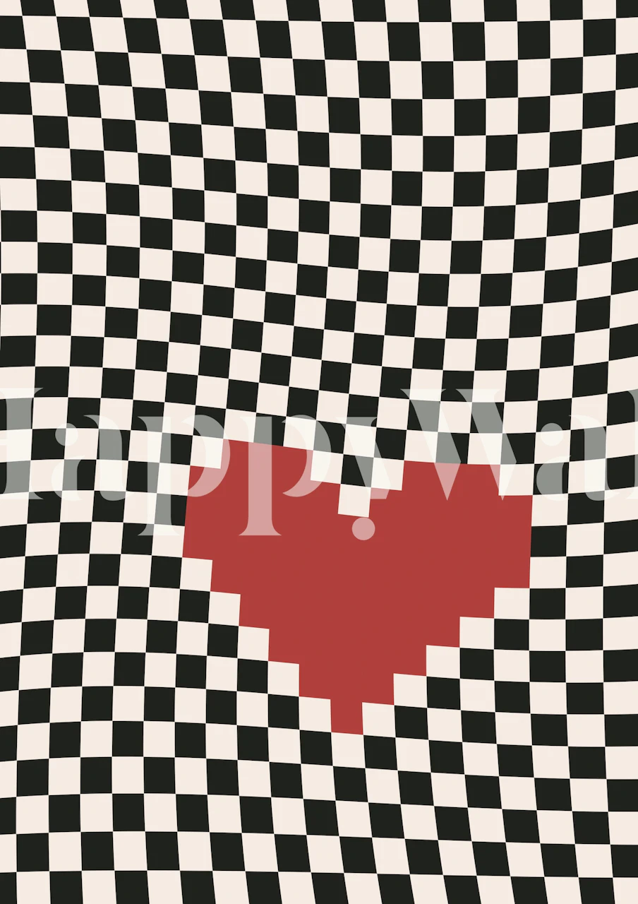 Pixel heart design in red over a black and white checkered wallpaper