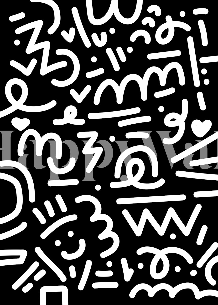 A wall mural with black and white doodles, featuring whimsical hand-drawn elements.