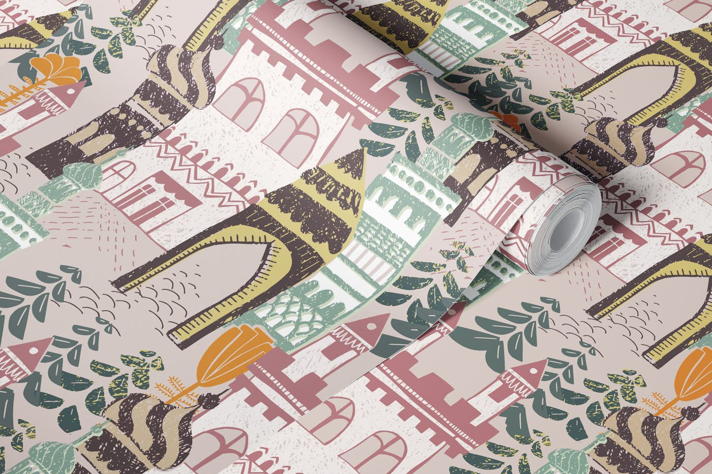 Block print Home castle pattern earthy colors wallpaper roll