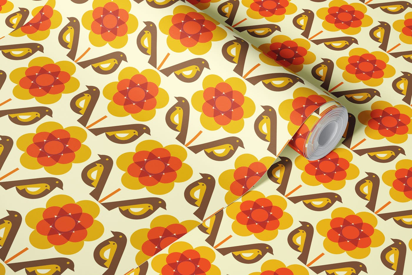 Retro Brown Yellow Birds Bloom wallpaper roll