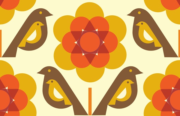 Retro Brown Yellow Birds Bloom