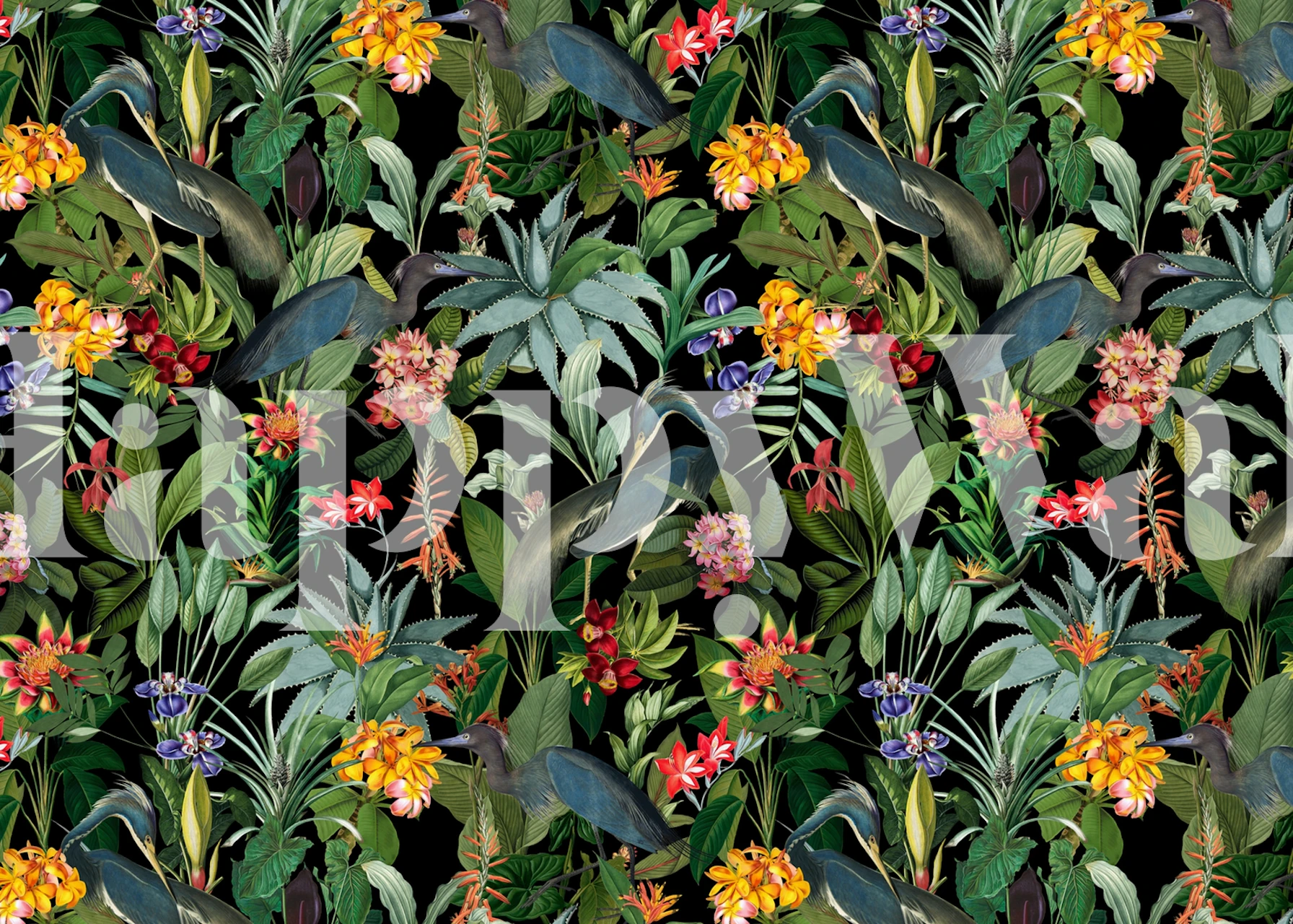 Blue Heron Flower Jungle behang in een kamer