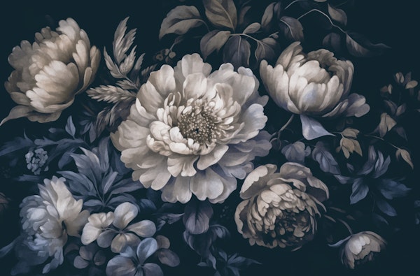 Moody Baroque Opulent Flowers Ivory Blue