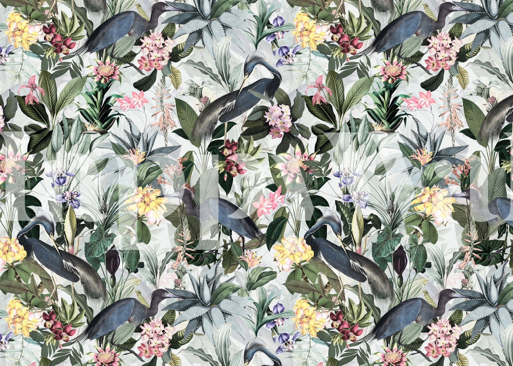Blue heron and colorful floral motifs on gray wallpaper