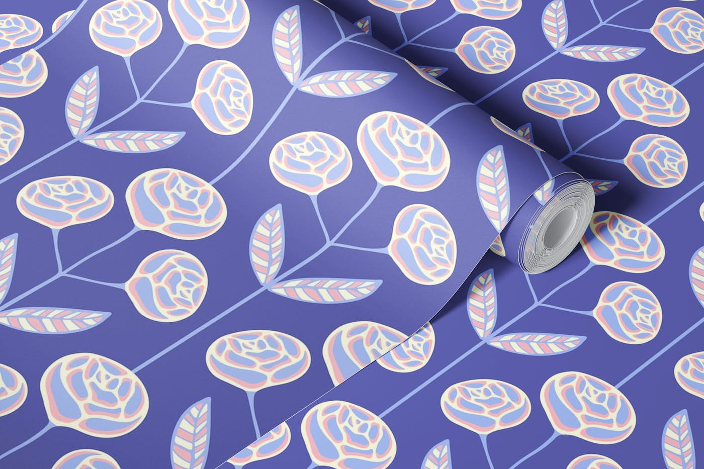 LOLA Retro Rose Floral Mid-Century - Purple wallpaper roll