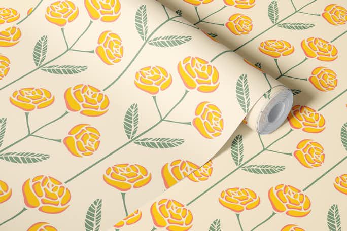 LOLA Retro Rose Mid-Century Floral - Yellowwallpaper roll