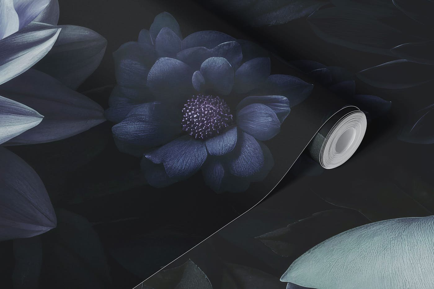 Dark Blue Moody Dahlias And Peonies wallpaper roll