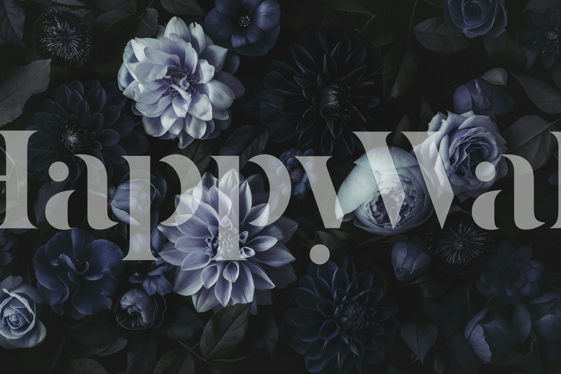 Dark blue floral wallpaper featuring moody dahlias, peonies, and leaves